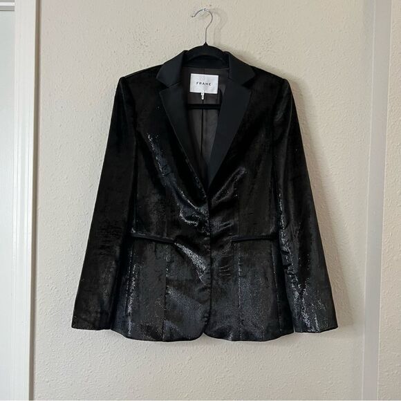 FRAME Black Metallic Velvet Satin Single Blazer Jacket Size 2 - Picture 5 of 12
